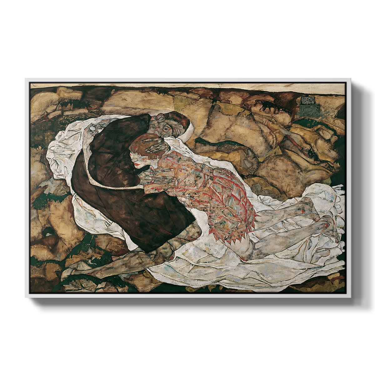 Death and the Maiden, 1915 by Egon Schiele in a white floater framed canvas wall art display.