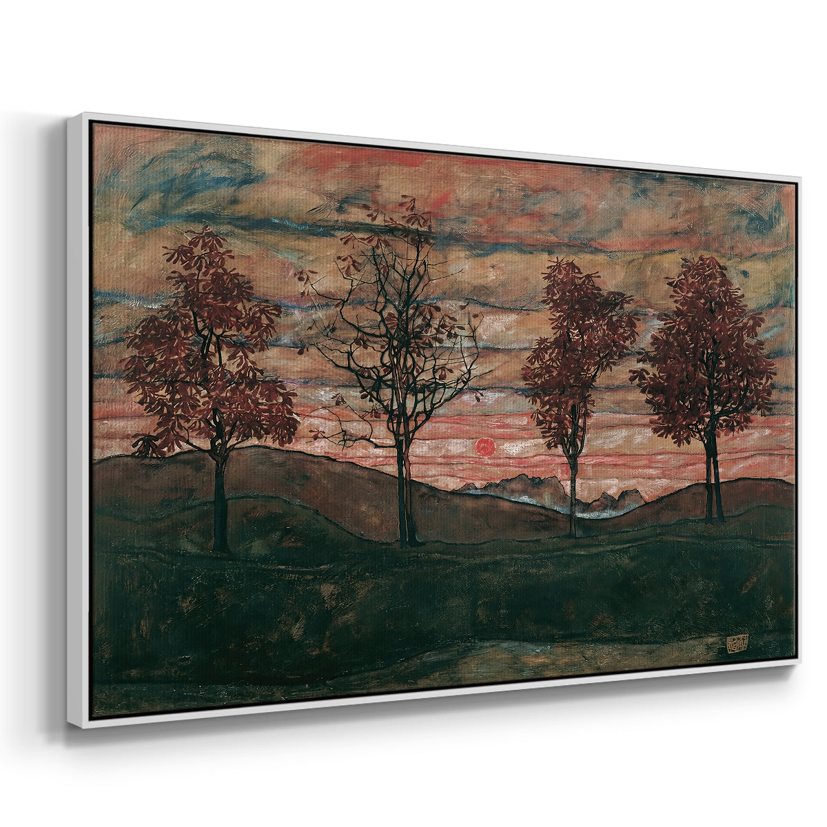 Angled view of Four Trees, 1917 by Egon Schiele in a white floater framed canvas.