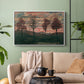 White floater framed canvas featuring an expressionist landscape featuring isolated trees in field, displayed above a sofa in a modern living room.