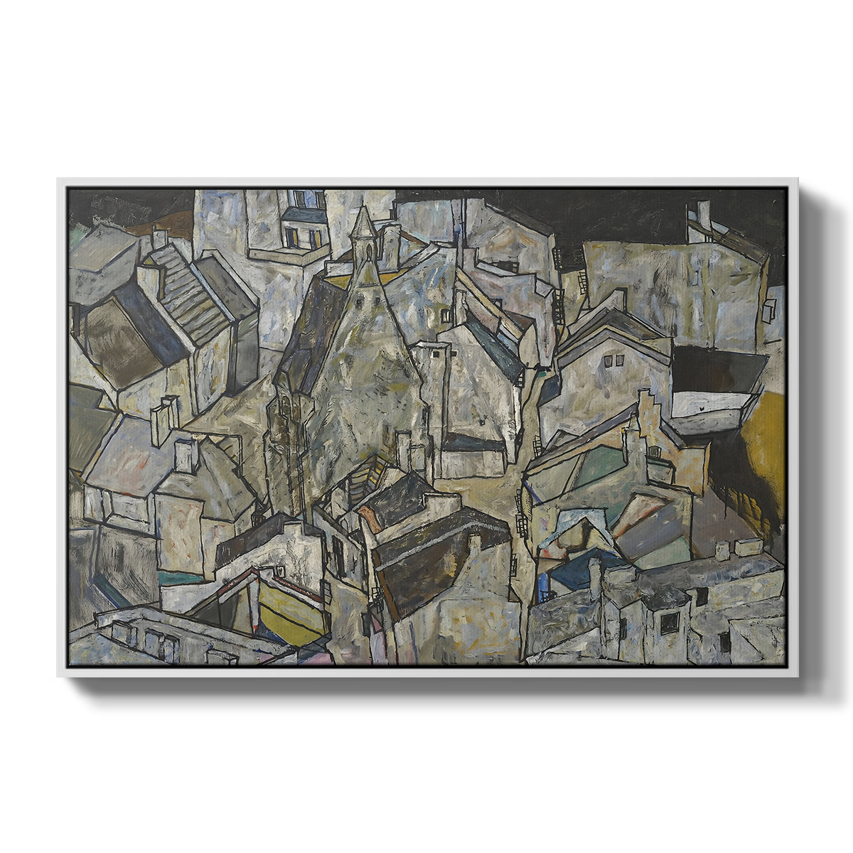 Mödling II, 1918 by Egon Schiele in a white floater framed canvas wall art display.