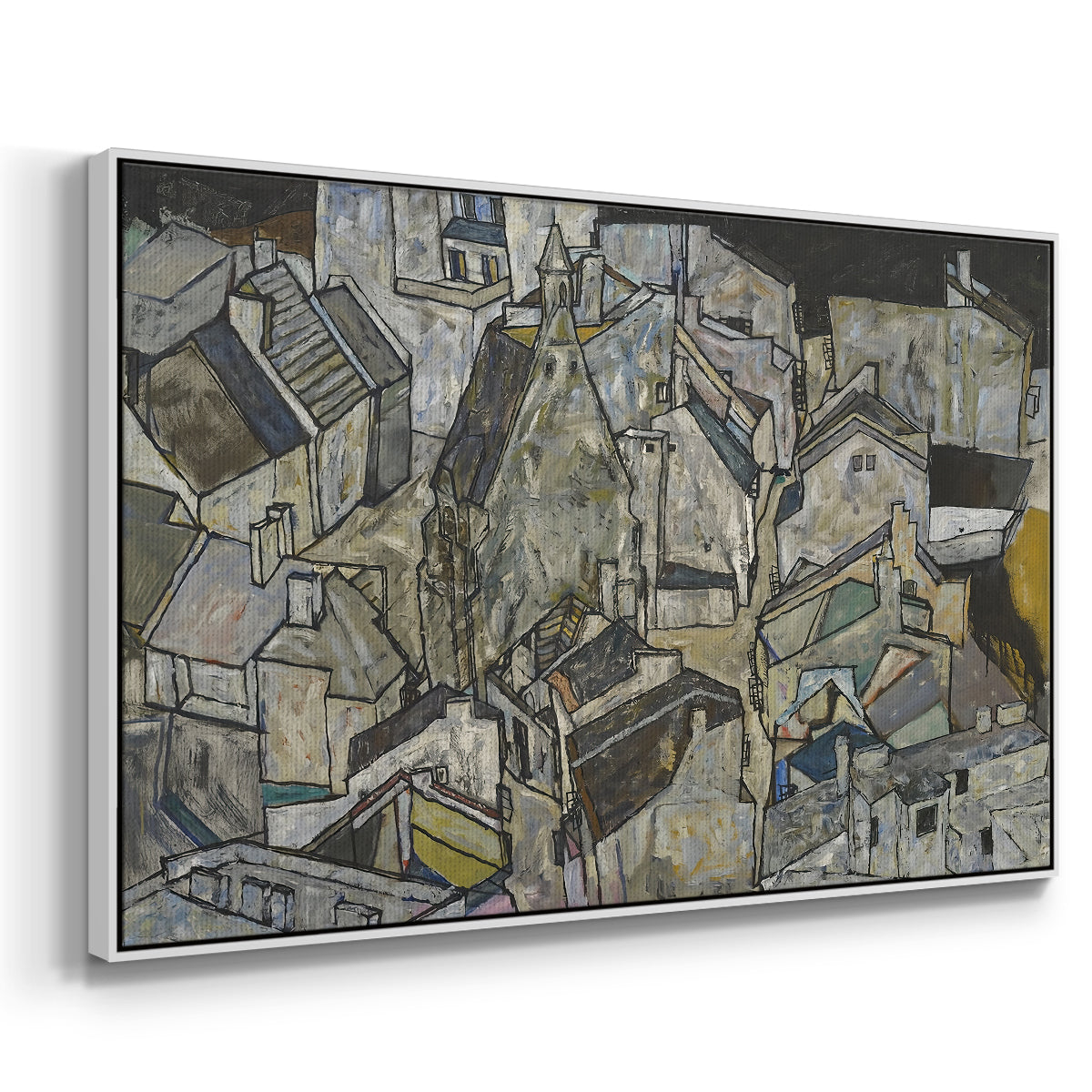 Angled view of Mödling II, 1918 by Egon Schiele in a white floater framed canvas.
