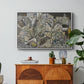 Mödling II, 1918 by Egon Schiele in a white floater framed canvas featuring clustered geometric houses forming dense urban landscape with sharp angles, displayed above a wood console cabinet.