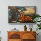 Earthbound, 1897 by Evelyn De Morgan in a white floater framed canvas featuring a reclining female figure surrounded by symbolic elements in dreamlike setting, displayed above a wood console cabinet.