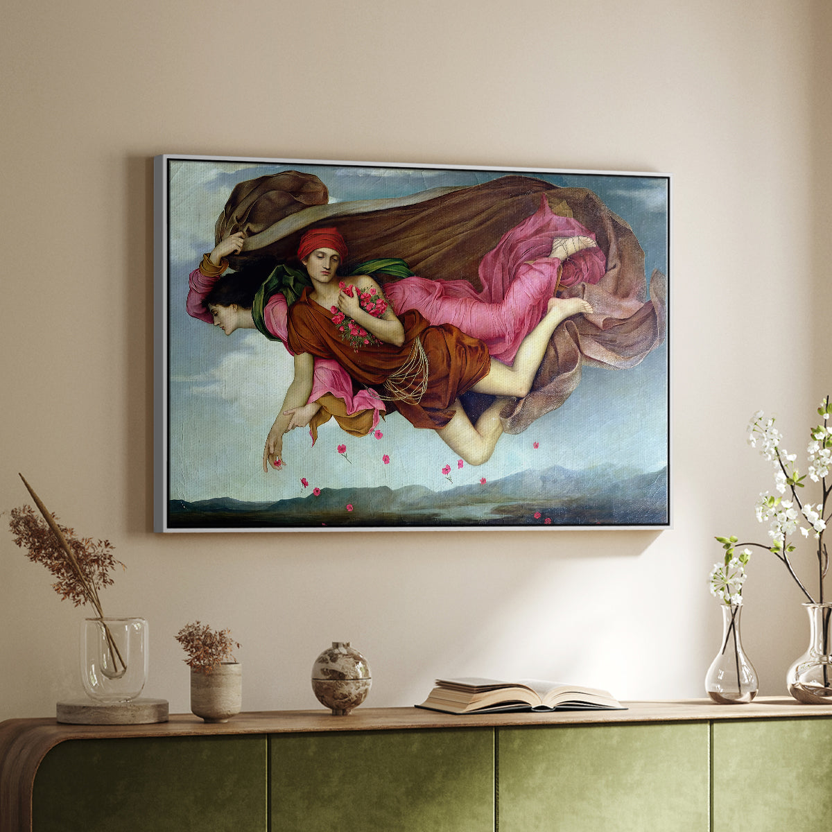 White floater framed canvas of Night and Sleep, 1878 by Evelyn De Morgan, featuring a symbolic depiction of night and sleep as ethereal figures in motion above a sideboard in a softly lit hallway.