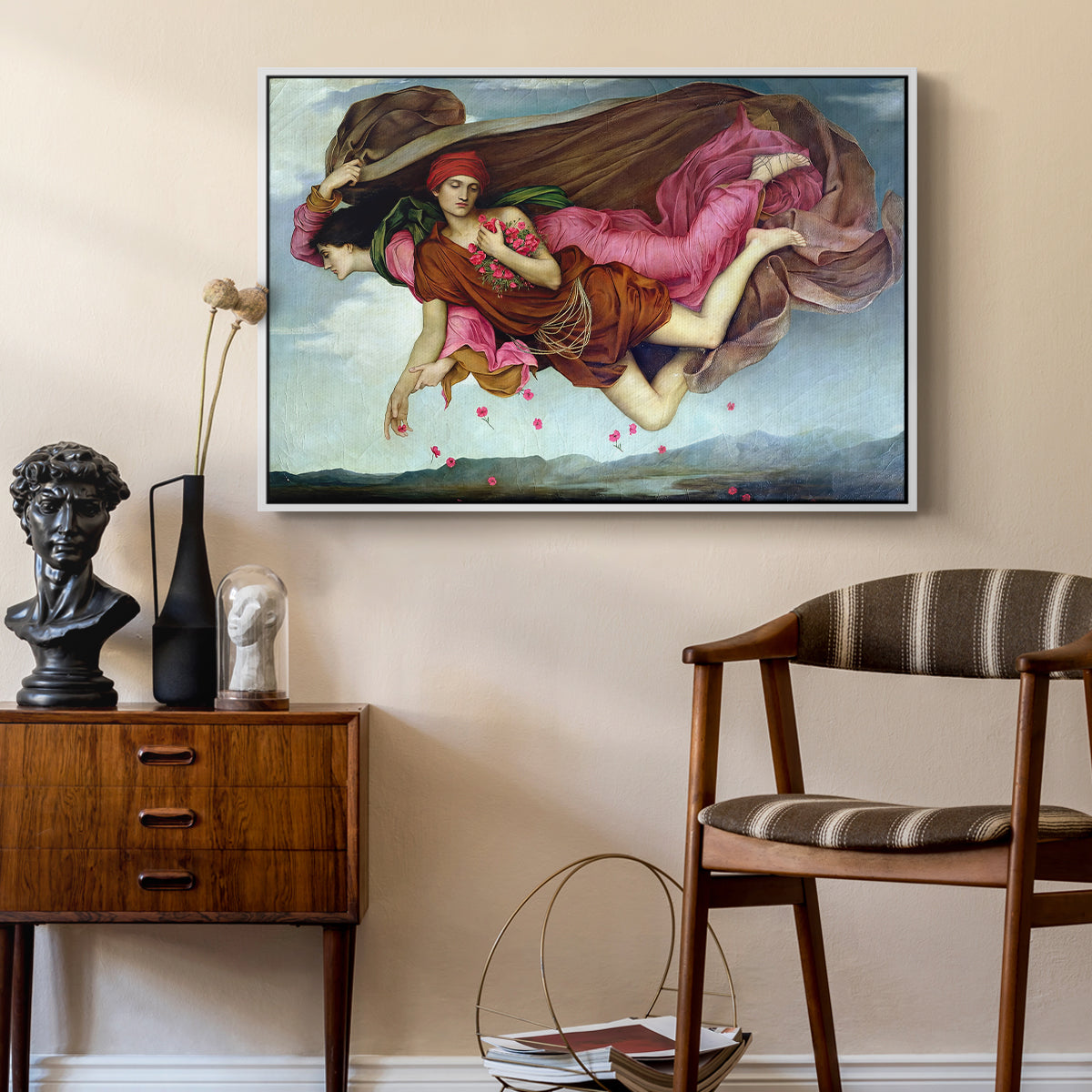 Night and Sleep, 1878 by Evelyn De Morgan as a white floater framed canvas featuring a dreamlike scene with draped figures drifting across dark background, styled above a mid-century console in a contemporary living area.