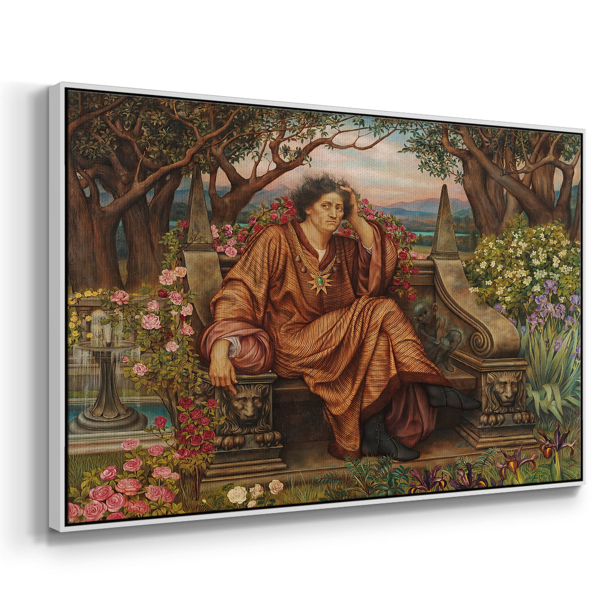 Angled view of A Soul in Hell, c. 1901-1902 by Evelyn De Morgan in a white floater framed canvas.
