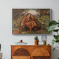 A Soul in Hell, c. 1901-1902 by Evelyn De Morgan in a white floater framed canvas featuring a distressed figure surrounded by flames and torment in symbolic hell scene, displayed above a wood console cabinet.
