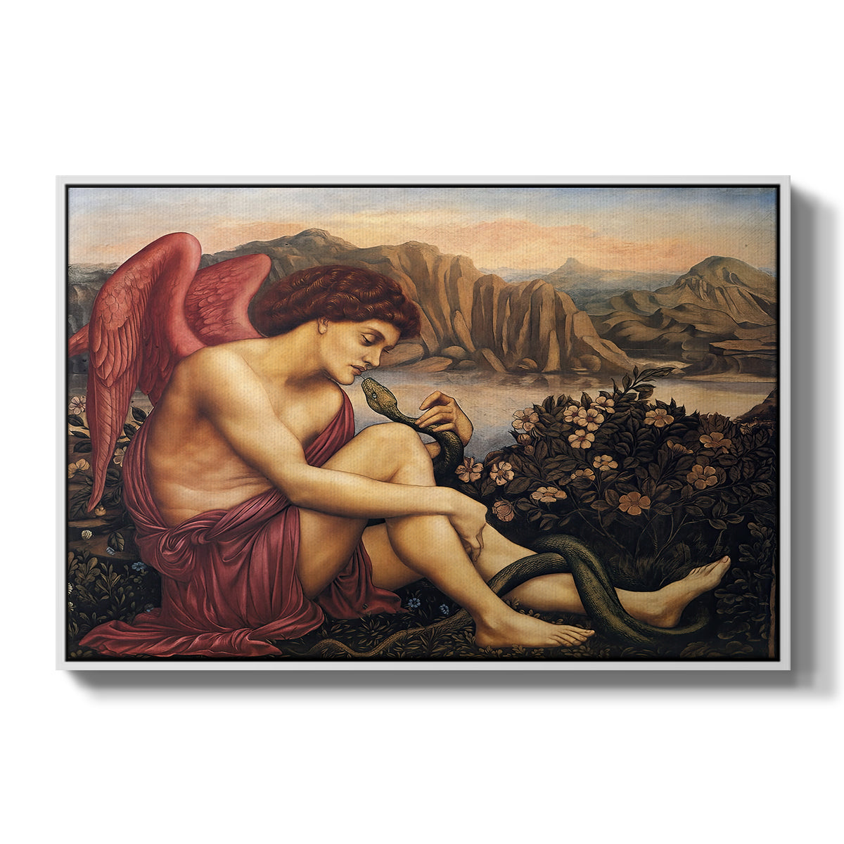 The Angel with the Serpent, c. 1870-1875 by Evelyn De Morgan in a white floater framed canvas wall art display.