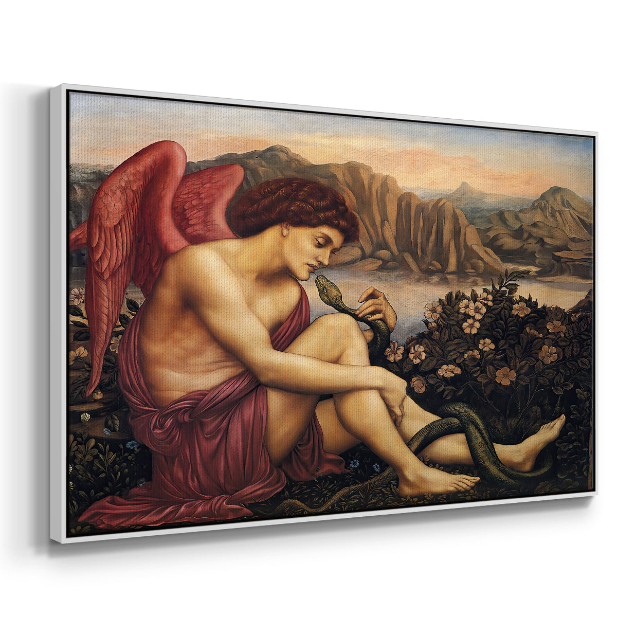Angled view of The Angel with the Serpent, c. 1870-1875 by Evelyn De Morgan in a white floater framed canvas.
