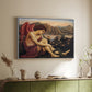 White floater framed canvas of The Angel with the Serpent, c. 1870-1875 by Evelyn De Morgan, featuring a winged figure standing over serpent in allegorical composition above a sideboard in a softly lit hallway.