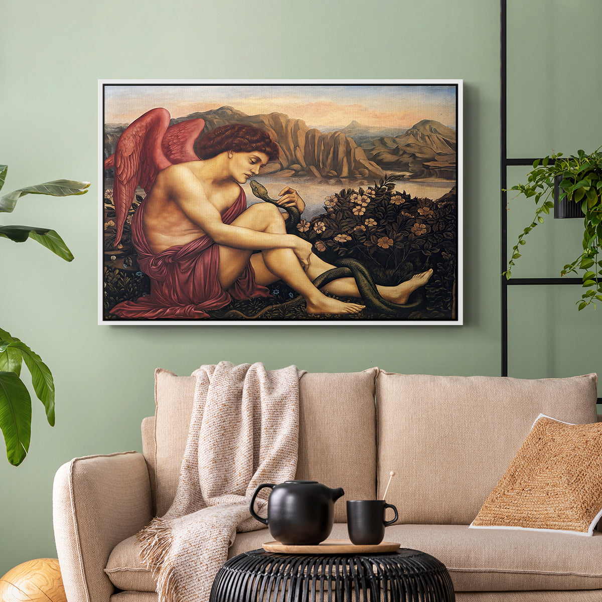 White floater framed canvas featuring a symbolic imagery of purity overcoming evil forces, displayed above a sofa in a modern living room.