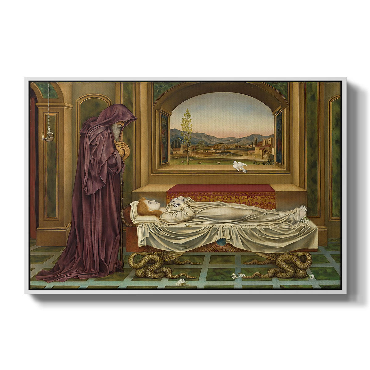 The Wandering Jew: Whom the Gods Love Die Young, 1888 by Evelyn De Morgan in a white floater framed canvas wall art display.