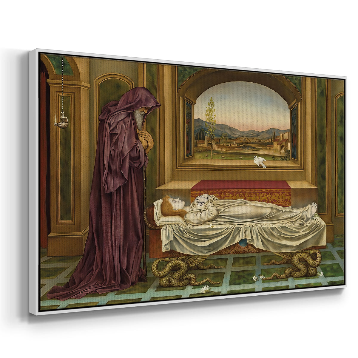 Angled view of The Wandering Jew: Whom the Gods Love Die Young, 1888 by Evelyn De Morgan in a white floater framed canvas.