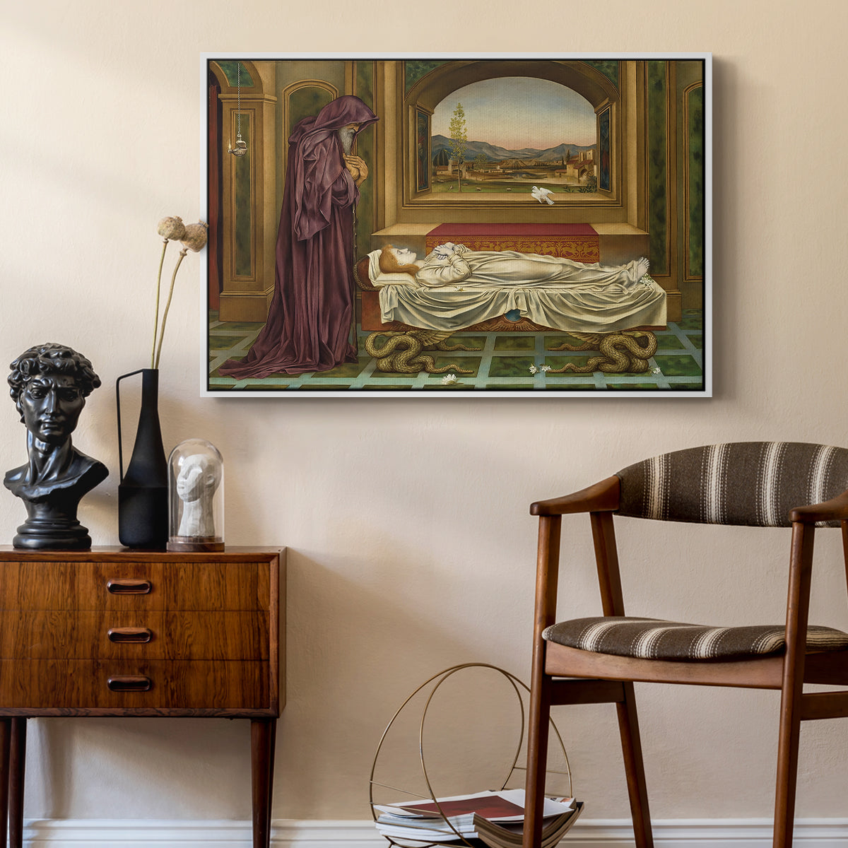 The Wandering Jew: Whom the Gods Love Die Young, 1888 by Evelyn De Morgan as a white floater framed canvas featuring an introspective scene with lone figure framed by interior elements, styled above a mid-century console in a contemporary living area.