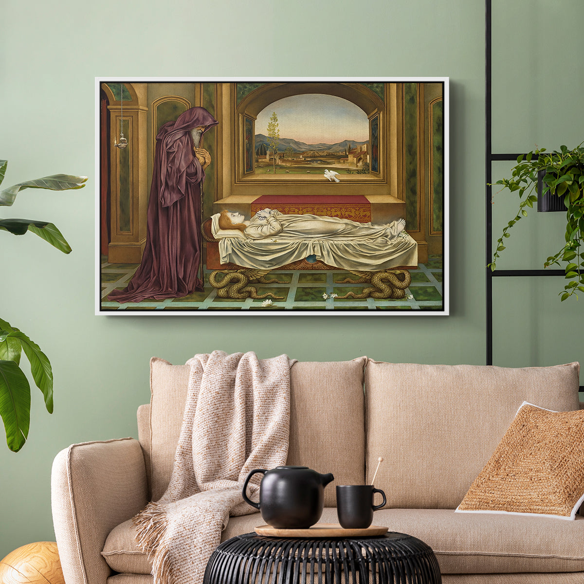 White floater framed canvas featuring a narrative composition with figure paused in reflective moment, displayed above a sofa in a modern living room.