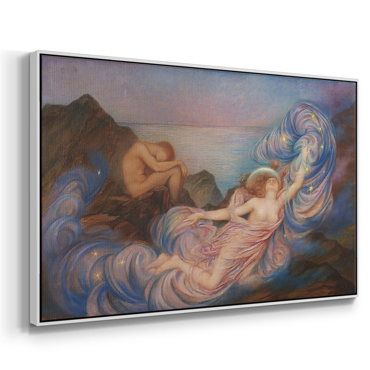 Angled view of Twilight, 1914 by Evelyn De Morgan in a white floater framed canvas.