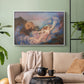 White floater framed canvas featuring a symbolic scene of figure surrounded by evening tones, displayed above a sofa in a modern living room.