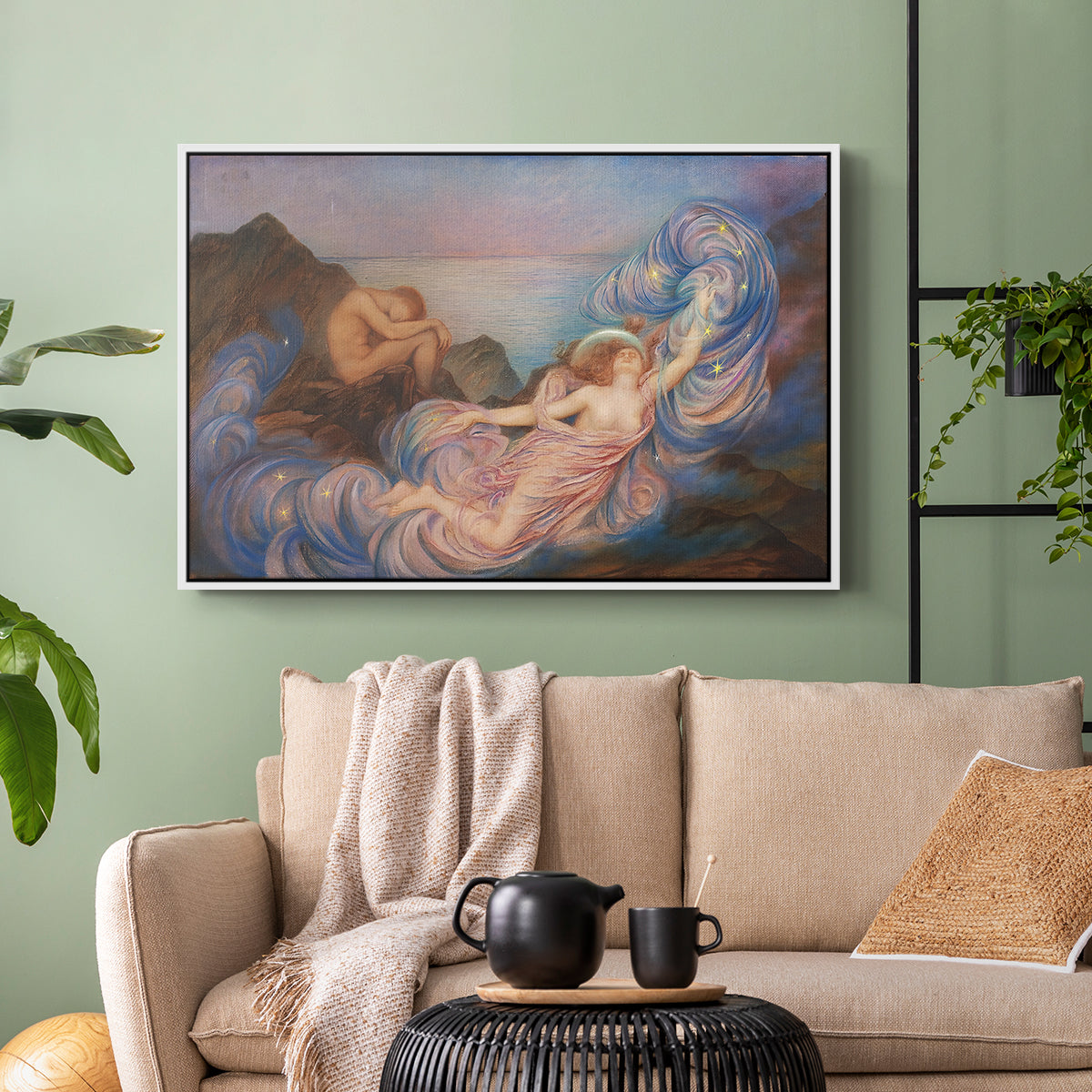 White floater framed canvas featuring a symbolic scene of figure surrounded by evening tones, displayed above a sofa in a modern living room.