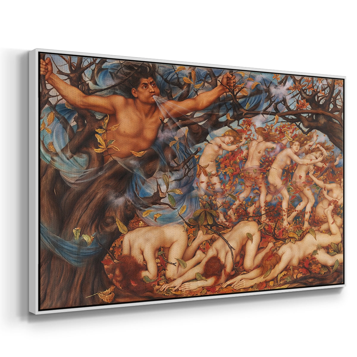 Angled view of Boreas and the Fallen Leaves, c. 1910-1914 by Evelyn De Morgan in a white floater framed canvas.