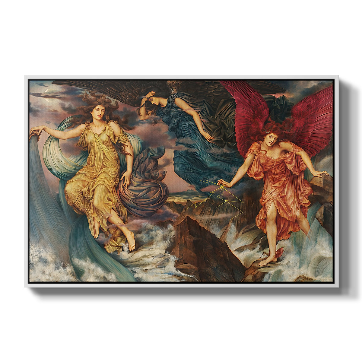 The Storm Spirits, 1900 by Evelyn De Morgan in a white floater framed canvas wall art display.