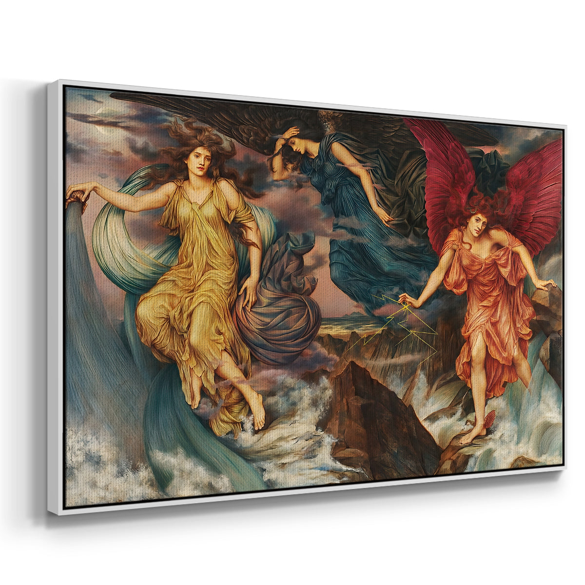 Angled view of The Storm Spirits, 1900 by Evelyn De Morgan in a white floater framed canvas.