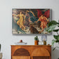 The Storm Spirits, 1900 by Evelyn De Morgan in a white floater framed canvas featuring multiple figures swirling through sky representing storm forces in motion, displayed above a wood console cabinet.