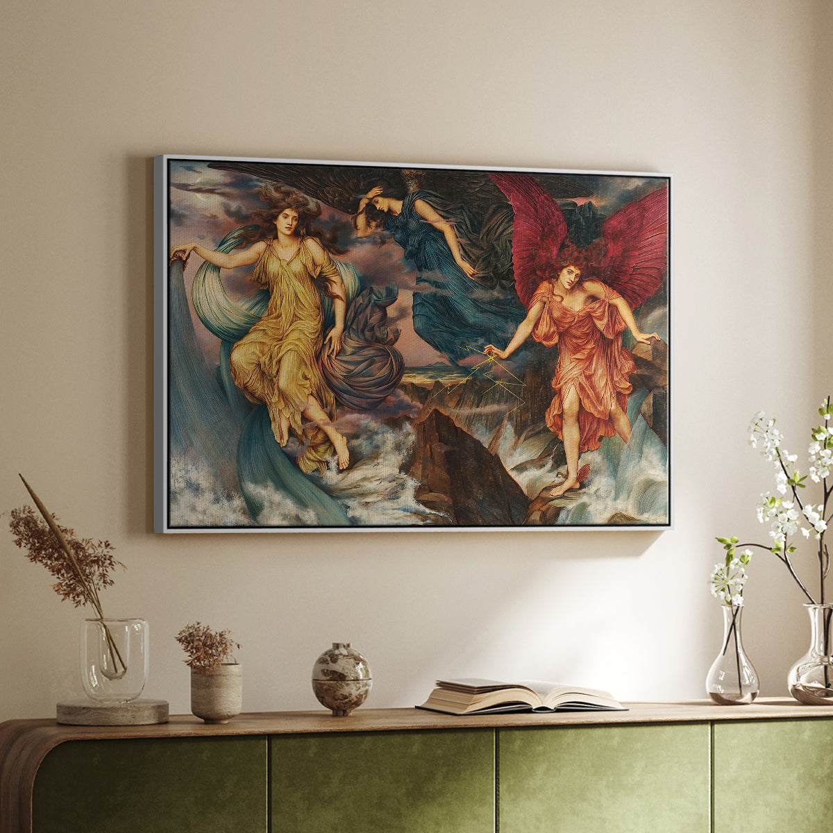 White floater framed canvas of The Storm Spirits, 1900 by Evelyn De Morgan, featuring a dramatic allegory of spirits moving within turbulent sky above a sideboard in a softly lit hallway.