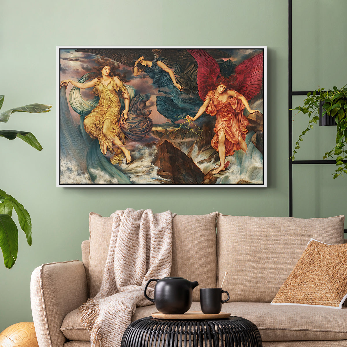 White floater framed canvas featuring a symbolic scene of airborne figures in chaotic movement, displayed above a sofa in a modern living room.