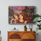 The Vision, 1914 by Evelyn De Morgan in a white floater framed canvas featuring two female figures gazing outward with vivid sky behind them, displayed above a wood console cabinet.