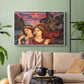 White floater framed canvas featuring an allegorical scene emphasizing emotion and color, displayed above a sofa in a modern living room.