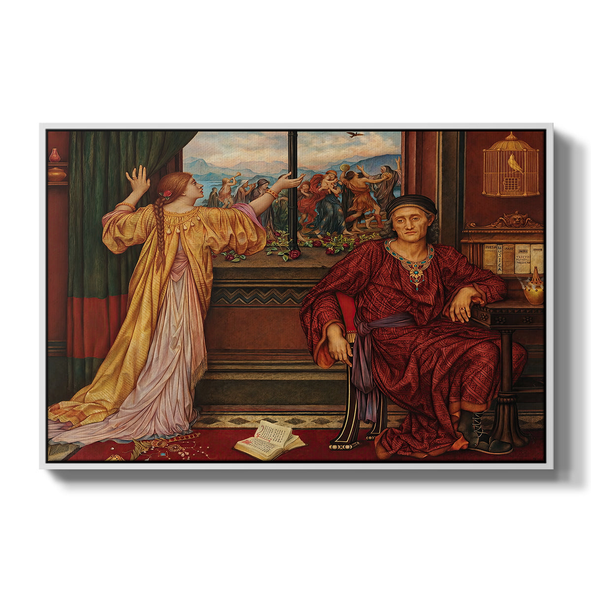 The Gilded Cage, c. 1901-1902 by Evelyn De Morgan in a white floater framed canvas wall art display.