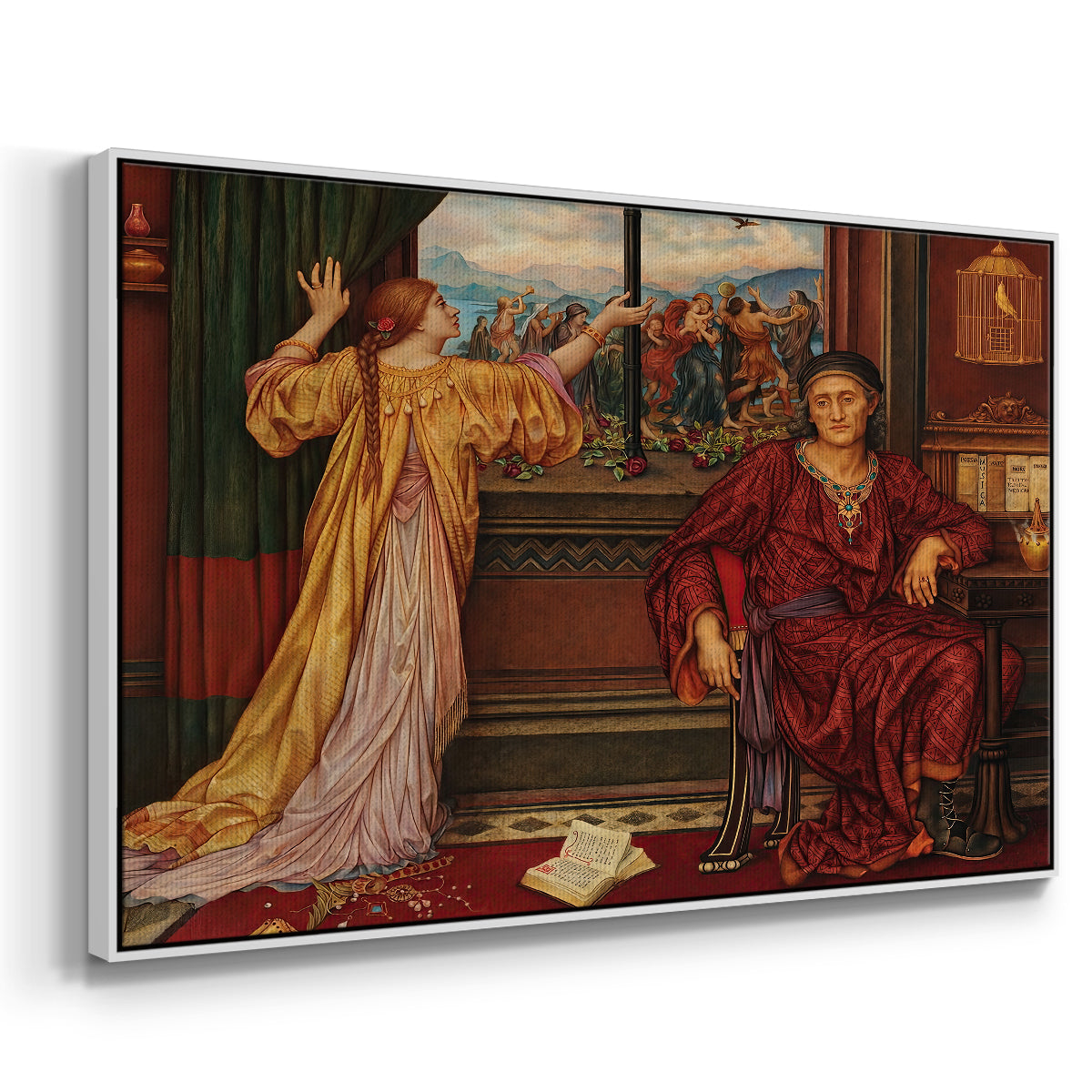 Angled view of The Gilded Cage, c. 1901-1902 by Evelyn De Morgan in a white floater framed canvas.