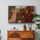 The Gilded Cage, c. 1901-1902 by Evelyn De Morgan in a white floater framed canvas featuring a woman seated inside ornate interior symbolizing confinement and luxury, displayed above a wood console cabinet.