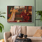 White floater framed canvas featuring an allegorical depiction of beauty and captivity, displayed above a sofa in a modern living room.