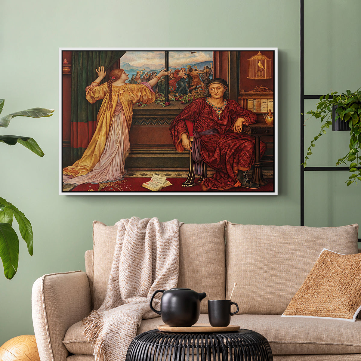 White floater framed canvas featuring an allegorical depiction of beauty and captivity, displayed above a sofa in a modern living room.