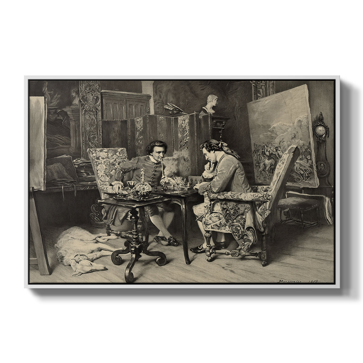 The Chess Players, 1858 by Ernest Meissonier in a white floater framed canvas wall art display.