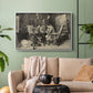 White floater framed canvas featuring a monochrome-style depiction of strategic game between two figures, displayed above a sofa in a modern living room.
