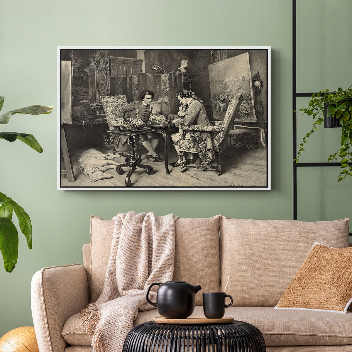 White floater framed canvas featuring a monochrome-style depiction of strategic game between two figures, displayed above a sofa in a modern living room.