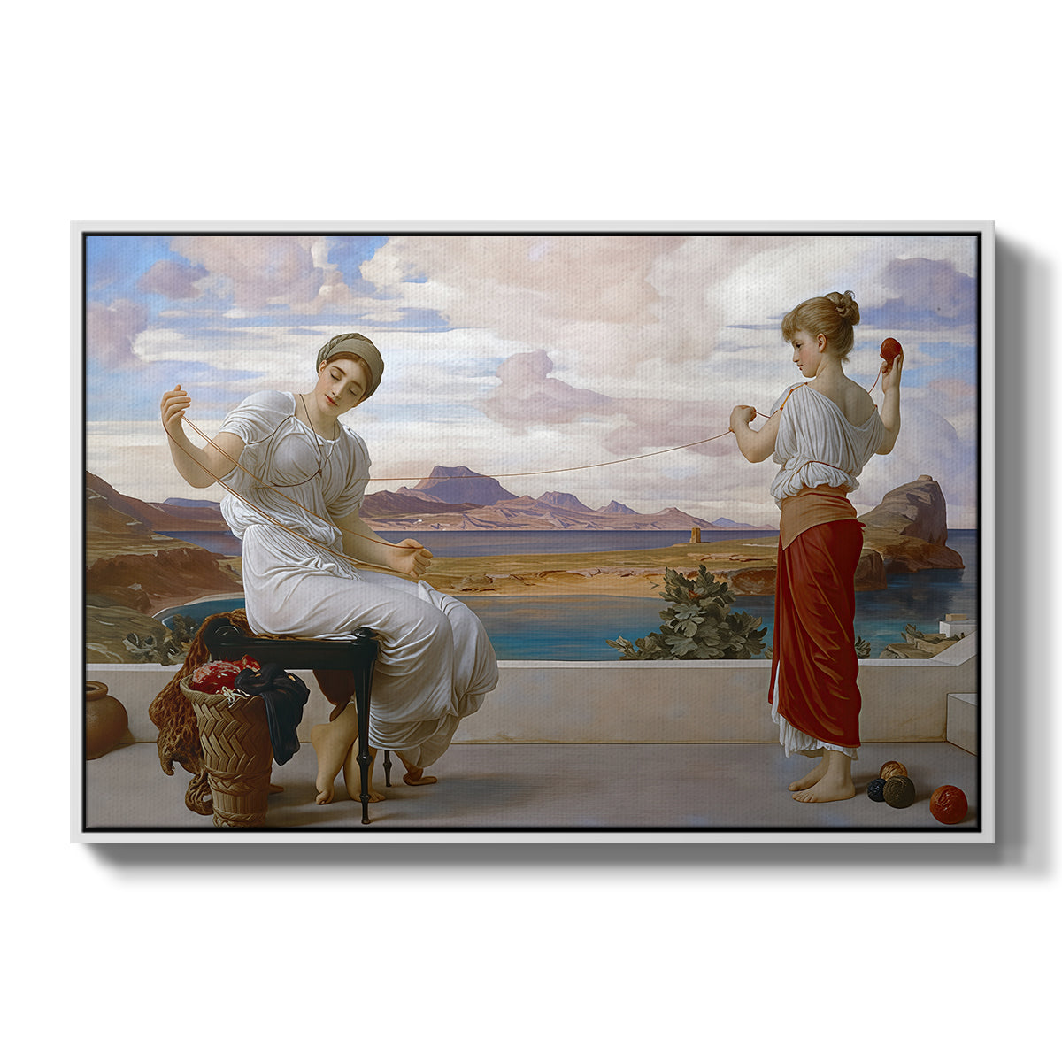 Winding the Skein, c. 1878 by Frederic Leighton in a white floater framed canvas wall art display.