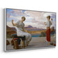 Angled view of Winding the Skein, c. 1878 by Frederic Leighton in a white floater framed canvas.