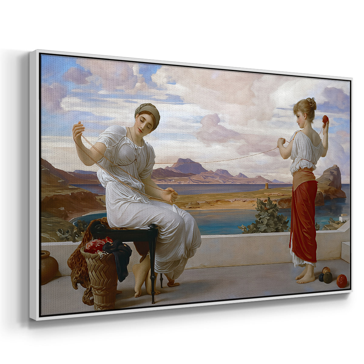 Angled view of Winding the Skein, c. 1878 by Frederic Leighton in a white floater framed canvas.