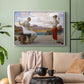 White floater framed canvas featuring an elegant composition of women performing domestic task, displayed above a sofa in a modern living room.