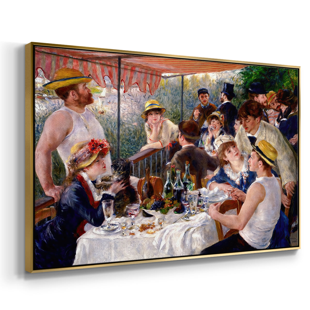 Angled view of Luncheon of the Boating Party (Le Déjeuner des canotiers), 1880-1881 by Pierre-Auguste Renoir in a gold floater framed canvas.