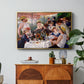 Luncheon of the Boating Party (Le Déjeuner des canotiers), 1880-1881 by Pierre-Auguste Renoir in a gold floater framed canvas featuring a group of elegantly dressed people dining together on a sunlit balcony overlooking the river, displayed above a wood console cabinet.