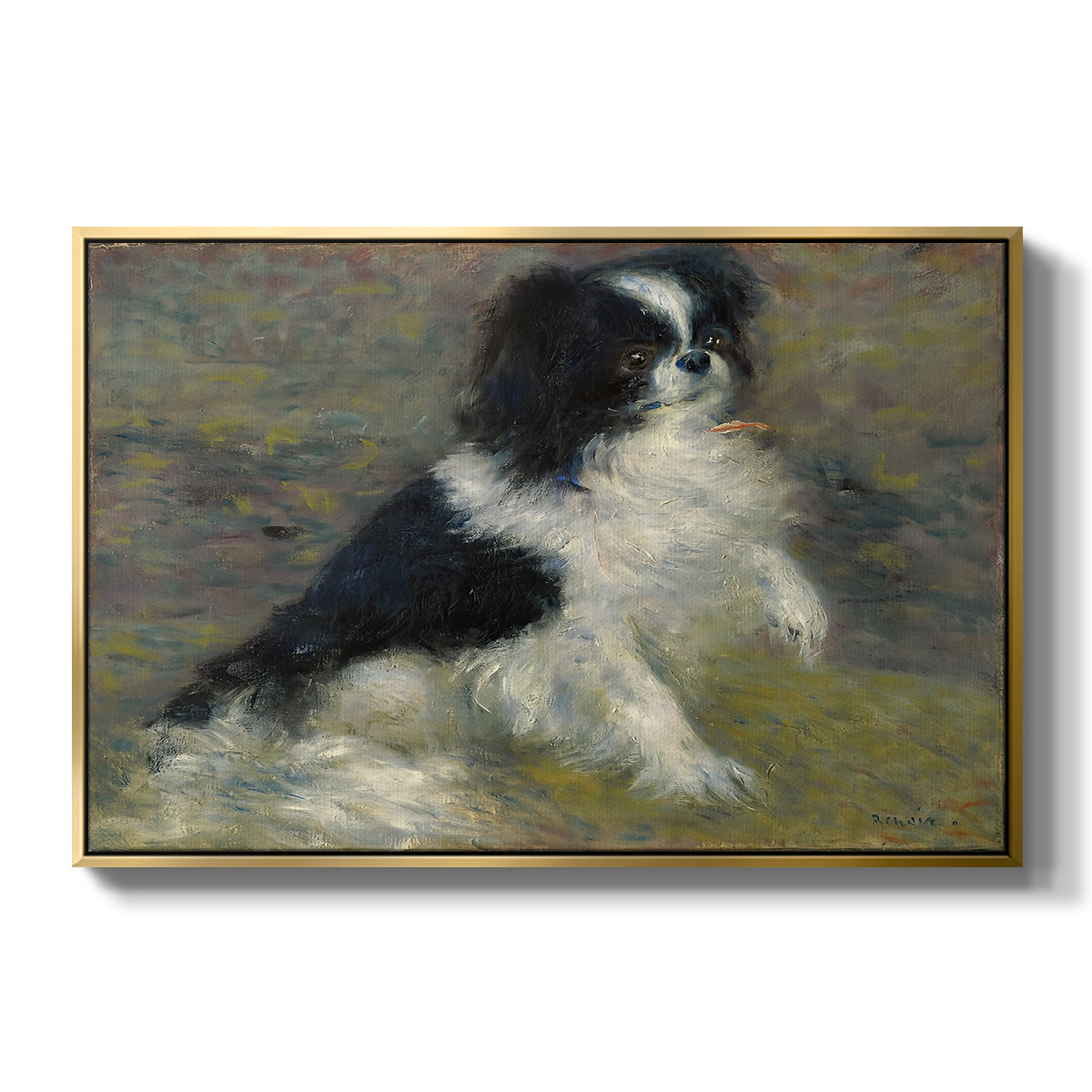 Tama, the Japanese Dog, c. 1876 by Pierre-Auguste Renoir in a gold floater framed canvas wall art display.