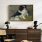 Tama, the Japanese Dog, c. 1876 by Pierre-Auguste Renoir displayed in a gold floater framed canvas above a dark wood credenza in an entryway.