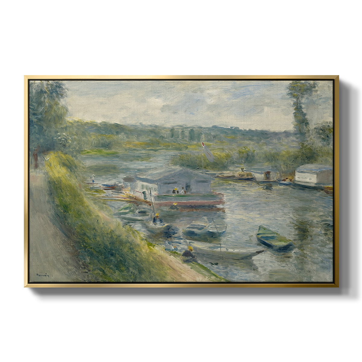Wash-House Boat at Bas-Meudon, c. 1874 by Pierre-Auguste Renoir in a gold floater framed canvas wall art display.