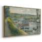 Angled view of Wash-House Boat at Bas-Meudon, c. 1874 by Pierre-Auguste Renoir in a gold floater framed canvas.