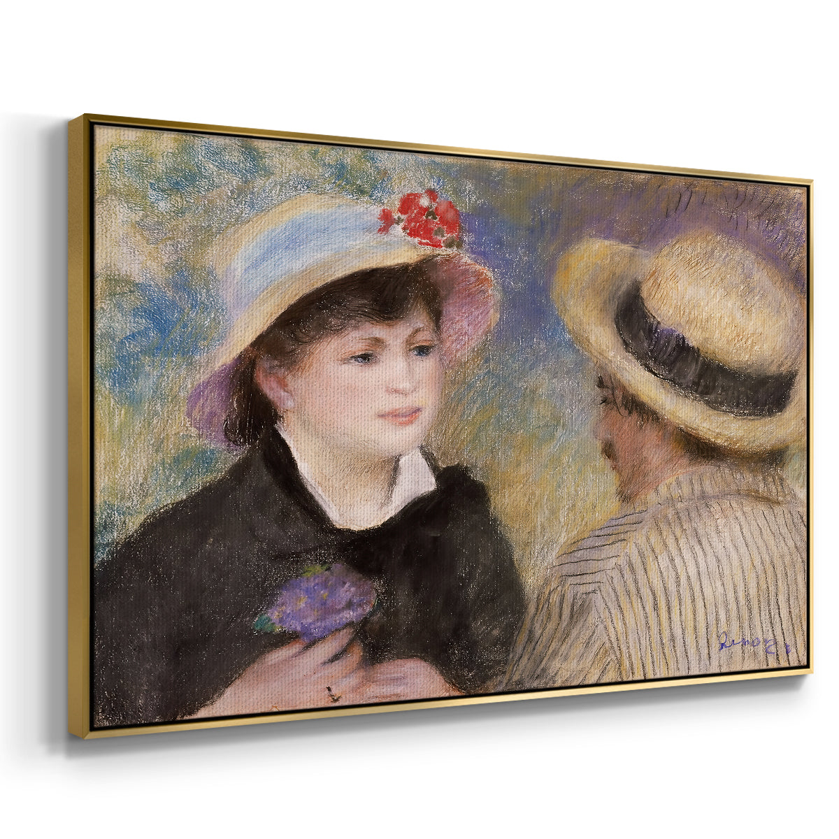 Angled view of Boating Couple (Aline Charigot and Renoir), c. 1881 by Pierre-Auguste Renoir in a gold floater framed canvas.