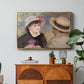 Boating Couple (Aline Charigot and Renoir), c. 1881 by Pierre-Auguste Renoir in a gold floater framed canvas featuring a close-up of a couple seated together outdoors with hats and soft sunlight, displayed above a wood console cabinet.